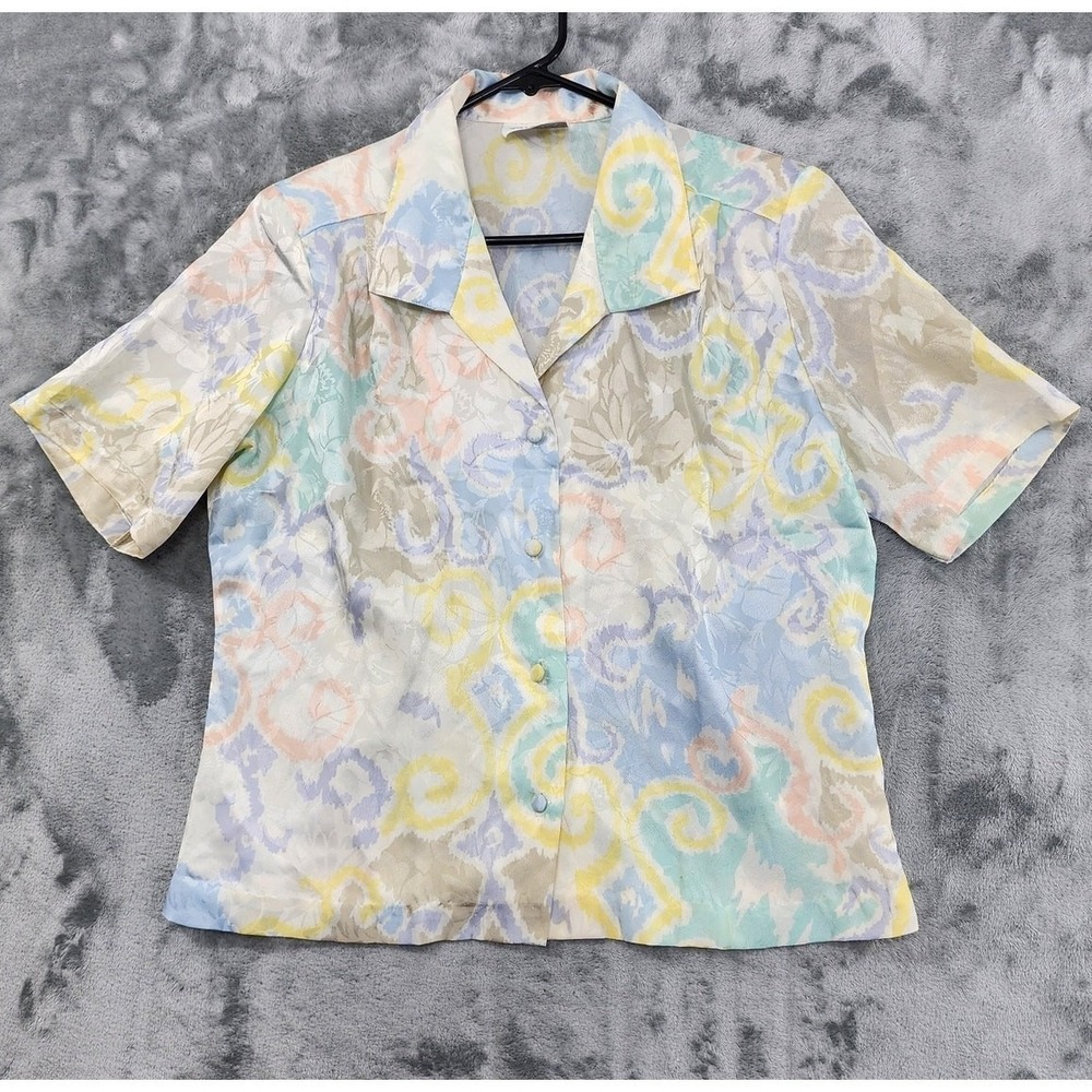 Vintage Alexa Top Womens‎ L Pastel Silky Jacquard Button Front Short Sleeves